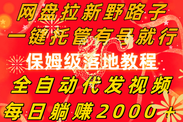 网盘拉新野路子，一键托管有号就行，全自动代发视频，每日躺赚2000＋，保姆级落地教程-起飞项目网