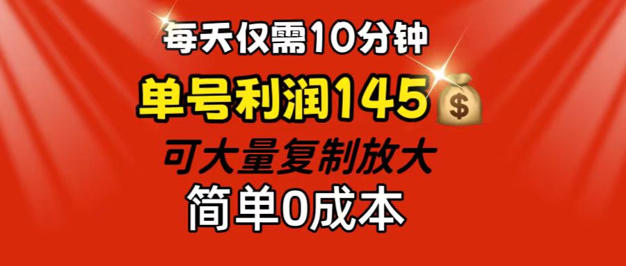 每天仅需10分钟，单号利润145 可复制放大 简单0成本-起飞项目网